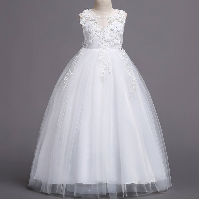 IWEMEK Lace Flower Girls Bridesmaid Wedding Party Birthday Princess Pageant Formal Tulle Long Dress Ball Gown Baby Kids 5-14T White 11-12 Years - Image 5